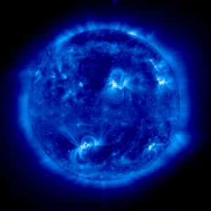 The solar corona as seen in deep ultraviolet light at 17.1 nm by the Extreme ultraviolet Imaging Telescope instrument aboard the SOHO spacecraft